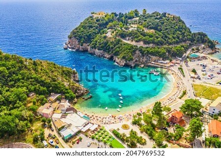Aerial drone view of famous Paleokastritsa beach resort on Corfu island, Greece.