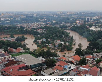 Aerial Drone View Of Flood In Densely Populated South Jakarta City, Indonesia