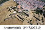 Aerial drone view of fortifications, Garrison Border Town of Elvas and its Fortifications. Unesco world heritage Portugal. Historic site. Touristic destination for holidays. Portugal, Alentejo, Elvas.