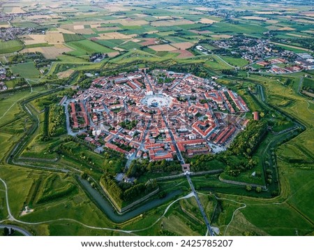 Aerial drone view of the Fortress of Palmanova in Italy. Unesco World Heritage. Venetian Works of Defence.