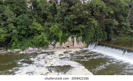 Aerial Drone View Of The Grand River Dam In Paris, Ontario (Canada).