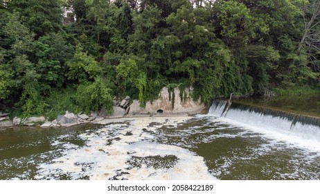 Aerial Drone View Of The Grand River Dam In Paris, Ontario (Canada).