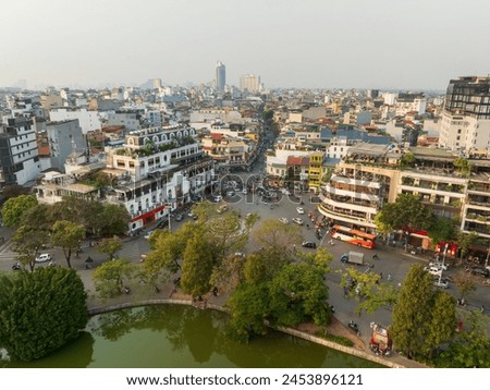 Aerial drone view of Hanoi old quarter in Hoan Kiem district.