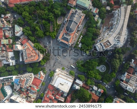 Aerial drone view of Hanoi old quarter with Hanoi Opera House in Hoan Kiem district.