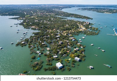 Aerial Drone View From High Above A Natural Disaster Flood Zone. After Massive Amount Of Rainfall In The Colorado River Basin , Homes And Entire Neighborhood Is Flooded And Destroyed