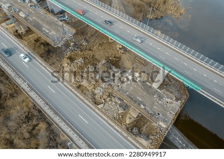 Aerial drone view of highway road under construction. Building a new viaduct on the national highway A1 between Vilnius and Klaipeda in Lithuania