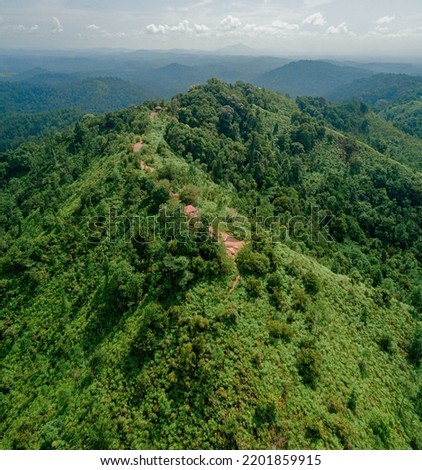 Aerial drone view of hiking hilltop scenery in Sungai Lembing, Pahang, Malaysia