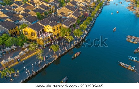 Aerial drone view of Hoi An city, Vietnam. Ancient town, UNESCO world heritage, at Quang Nam province. One of the most popular touristic destinations