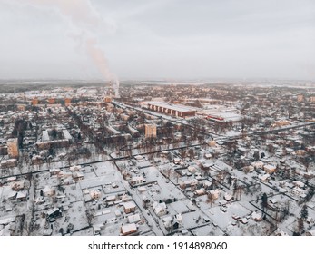 aerial drone view of houses and road. winter landscape.