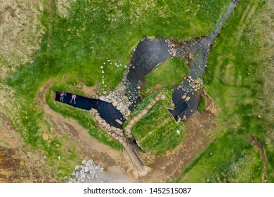 Aerial Drone View Of Hrunalaug Hot Spring, Fludir, Iceland 