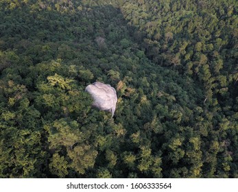Aerial drone view of huge giant protruding summit granite rock from rainforest jungle tree canopy