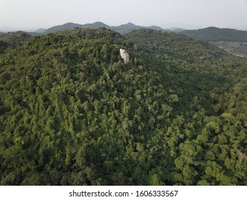 Aerial drone view of huge giant protruding summit granite rock from rainforest jungle tree canopy