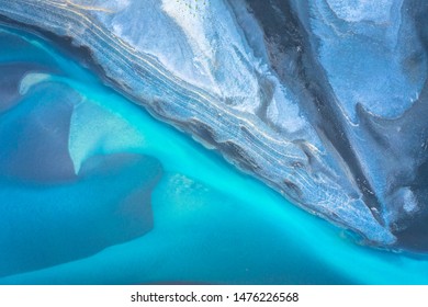 Aerial drone view of a huge riverbed and delta, glacial river system transporting deposits from the Vatnajokull glacier,Iceland