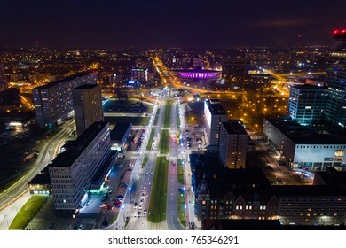 Aerial drone view of Katowice at night. Silesia, Poland