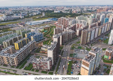 Aerial Drone View Of Kudrovo City Skyline Panorama, Saint-Petersburg Outskirts, Leningrad Oblast, Vsevolozhsky District High Density Living Suburbia, High Rise District Area, Dybenko Station, Russia
