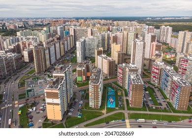 Aerial Drone View Of Kudrovo City Skyline Panorama, Saint-Petersburg Outskirts, Leningrad Oblast, Vsevolozhsky District High Density Living Suburbia, High Rise District Area, Dybenko Station, Russia
