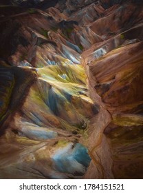 Aerial Drone View Of Landmannalaugar Colorful Mountains Panorama In Iceland. Beautiful Nature Landscape