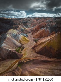 Aerial Drone View Of Landmannalaugar Colorful Mountains Panorama In Iceland. Beautiful Nature Landscape