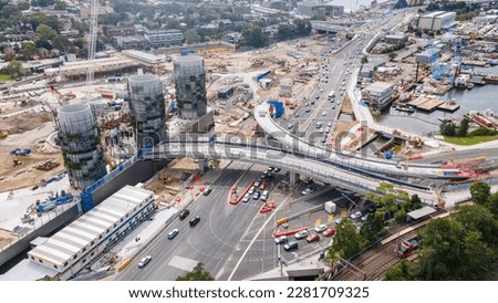 Aerial drone view of the large ventilation chimney towers at Rozelle Interchange in Sydney NSW Australia showing major construction works in March 2023  