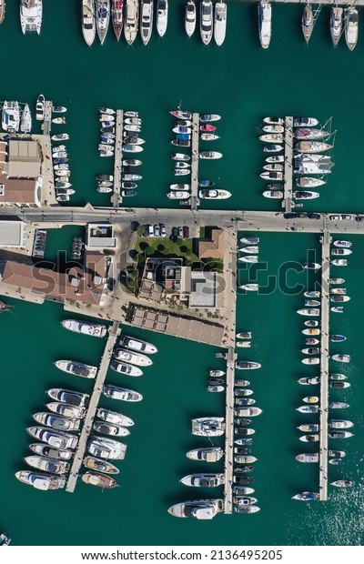 Aerial drone view of Limassol marina in Cyprus\
with turquoise waters