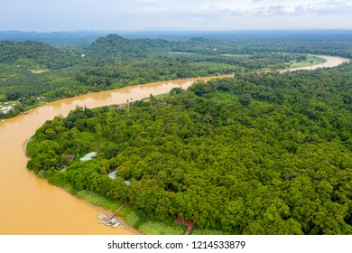 Aerial Drone View Of A Long Winding River Through A Tropical Rain Forest