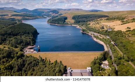 Aerial Drone View Of Low Water Levels In Pontsticill Reservoir, Brecon Beacons During A Summer Heatwave