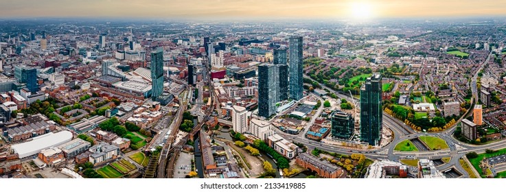 Aerial Drone View Of Manchester City In UK On A Beautiful Sunny Day.