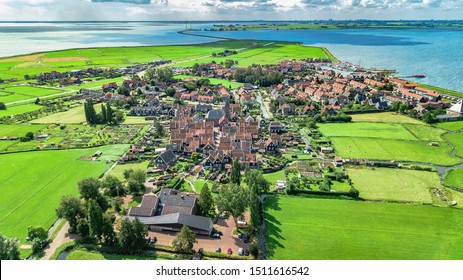 Aerial Drone View Of Marken Island, Traditional Fisherman Village From Above, Typical Dutch Landscape, North Holland, Netherlands