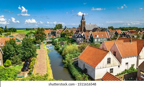 Aerial Drone View Of Marken Island, Traditional Fisherman Village From Above, Typical Dutch Landscape, North Holland, Netherlands