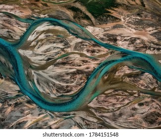 Aerial Drone View Of Melting Glacier River Water In South Iceland. Abstract Nature Background