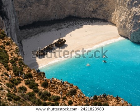 Aerial drone view of Navagio beach on Zakynthos island, Greece. Shipwreck on the beach in Zakynthos island, Greece. Shipwreck Beach or Agios Georgios. is exposed cove in the Ionian Islands of Greece.
