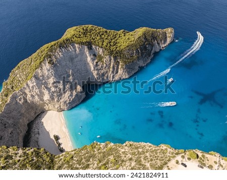 Aerial drone view of Navagio beach on Zakynthos island, Greece. Shipwreck on the beach in Zakynthos island, Greece. Shipwreck Beach or Agios Georgios. is exposed cove in the Ionian Islands of Greece.