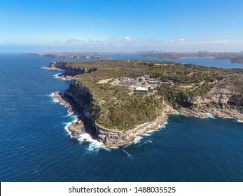 Aerial Drone View Of North Head, A Headland In Manly And Part Of Sydney Harbour National Park In Sydney, New South Wales, Australia. Manly North Head Wastewater Treatment Plant In The Foreground.