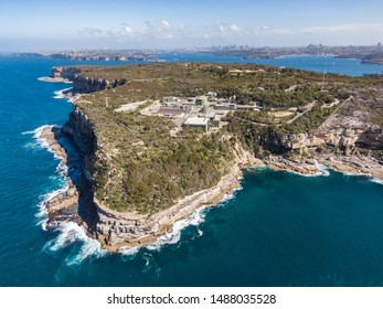 Aerial Drone View Of North Head, A Headland In Manly And Part Of Sydney Harbour National Park In Sydney, New South Wales, Australia. Manly North Head Wastewater Treatment Plant In The Foreground.