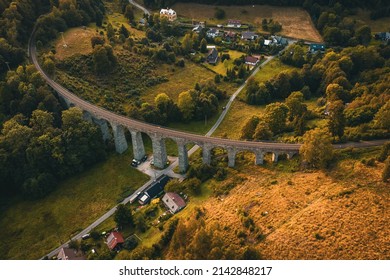 Aerial drone view od railroad viaduct in nice autumn colors in Novina, Krystofovo udoli, the Czech Republic