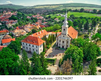 Aerial Drone View Of Old Church. Old Catholic Church Building.