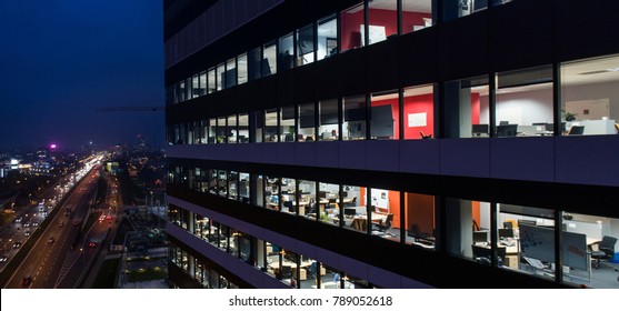 Aerial drone view on corporation office buildings at night. Katowice, Silesia, Poland