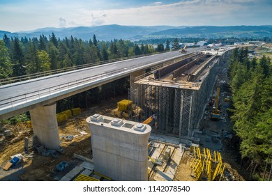 Aerial drone view highway road under construction  Construction the viaduct the national road number 7 in Poland