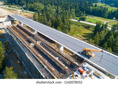 Aerial Drone View On Highway Road Under Construction. Construction Of The Viaduct On The National Road Number 7 In Poland