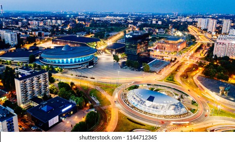 Aerial drone view on Katowice centre and roundabout at night. Silesia, Poland