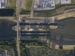 Aerial Drone View On The Princess Beatrix Lock Is A Lock Complex In The Dutch Municipality Of Nieuwegein With Three Chambers.