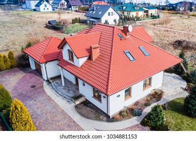 Aerial Drone View On Single Family House In Poland