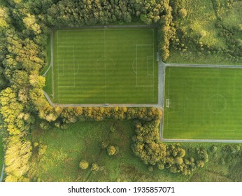 Aerial Drone View On A Small Soccer Pitch. Football Training Ground From Above View.