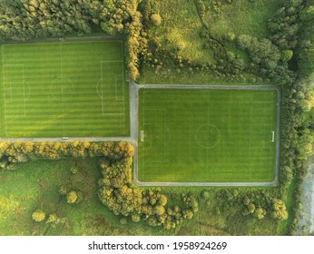 Aerial Drone View On A Small Soccer Pitch. Football Training Ground From Above View.