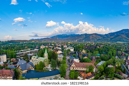 Aerial Drone View On Zakopane Cite Center And Krupowki Street.