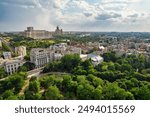 Aerial drone view over Bucharest downtown cityscape with Cismigiu Gardens. Capital of Romania.