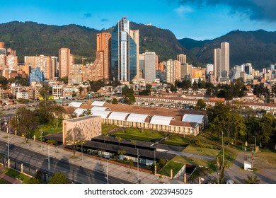 Aerial drone view over the downtown and international center of bogota at sunset