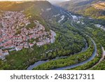 Aerial drone view over historic Old Town of Veliko Tarnovo in Bulgaria.