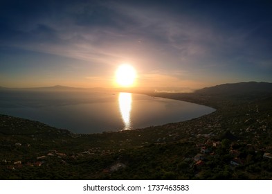 Aerial Drone View Over The Messenian Gulf At Verga Area Near Kalamata City, Greece