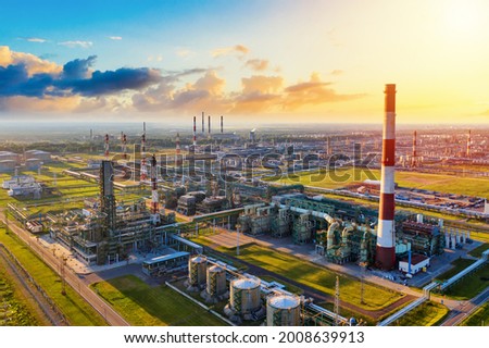Aerial drone view of petrol industrial zone or oil refinery in Yaroslavl, Russia during sunset time.